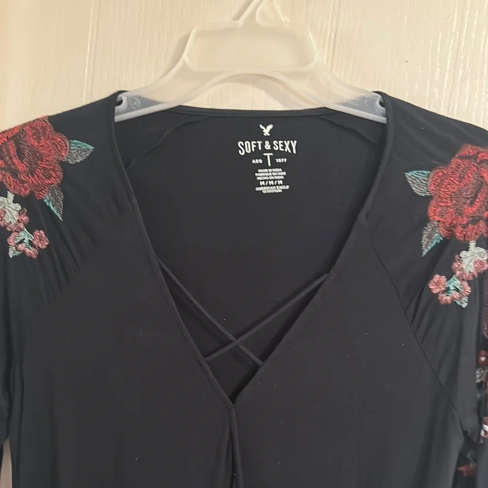 American Eagle Outfitters Black Wrap Blouse 3/4 Sleeve - Picture 8 of 15